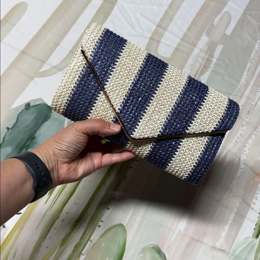 Striped straw Navy and Cream Clutch bag purse - Picture 5 of 7